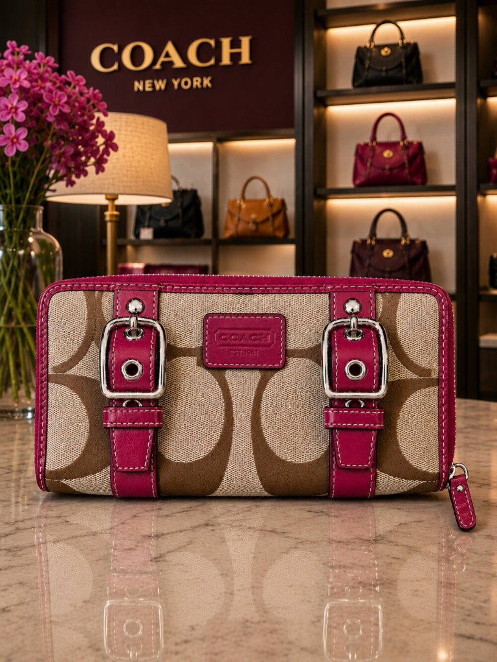 COACH Signature Monogram Pink Zip Around Continental Wallet - Picture 2 of 8